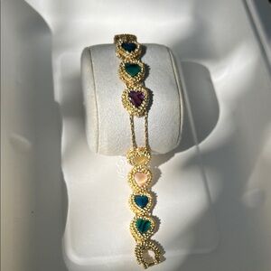 Gold plated Heart Link Slider Bracelet with Teal and Cream Inlay